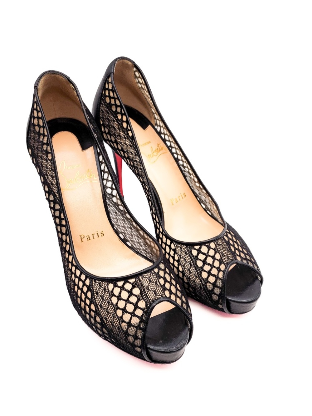 Christian Louboutin Black Lace Peep Toe Leather Pumps EU 37